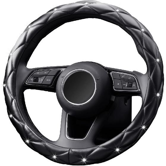 YOGURTCK Diamond Soft Leather Anti-Slip Steering Wheel Cover with Bling Bling Crystal Rhinestones, Universal 15 Inch for Women Girls, Fit Vehicles,