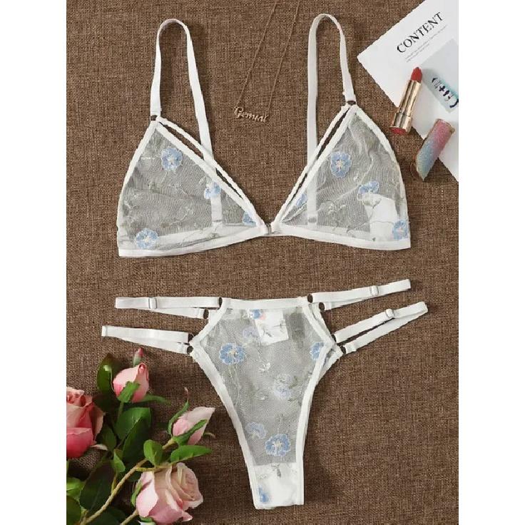 Women's Bra Set Women Three-point Transparent Sexy Lingerie Floral Embroidery Underwear Women Set Lace Spicy Underwear Kits