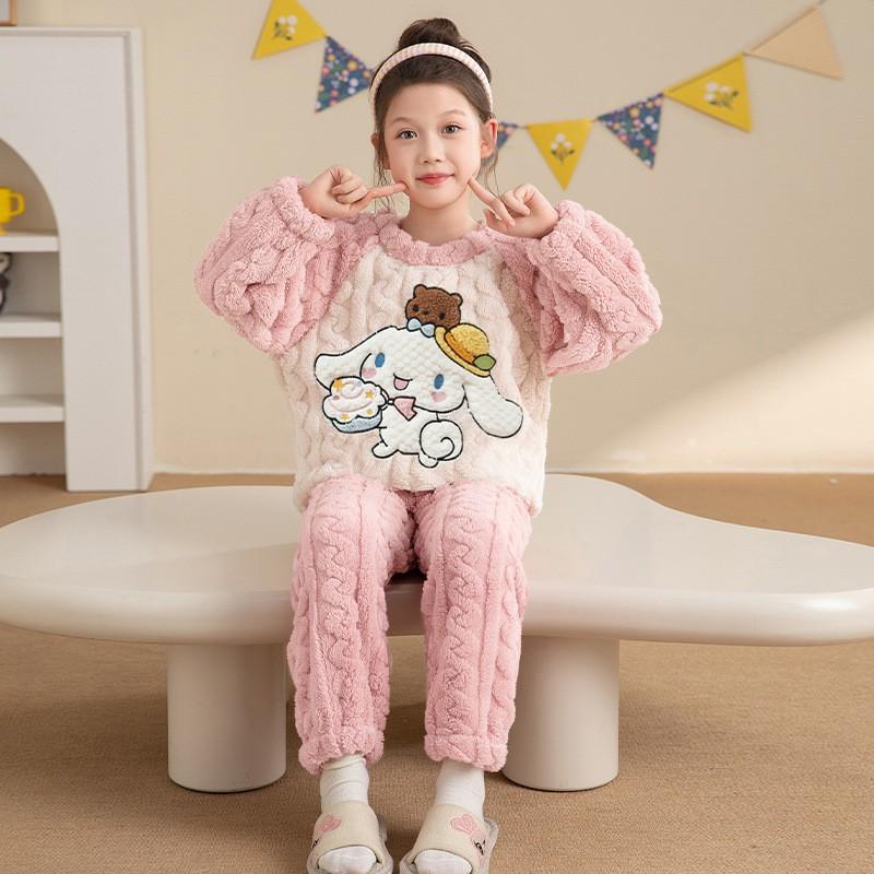 Girls Winter Coral Fleece Pajama Set Cartoon Animal Print Thick Warm Sleepwear Ages 8