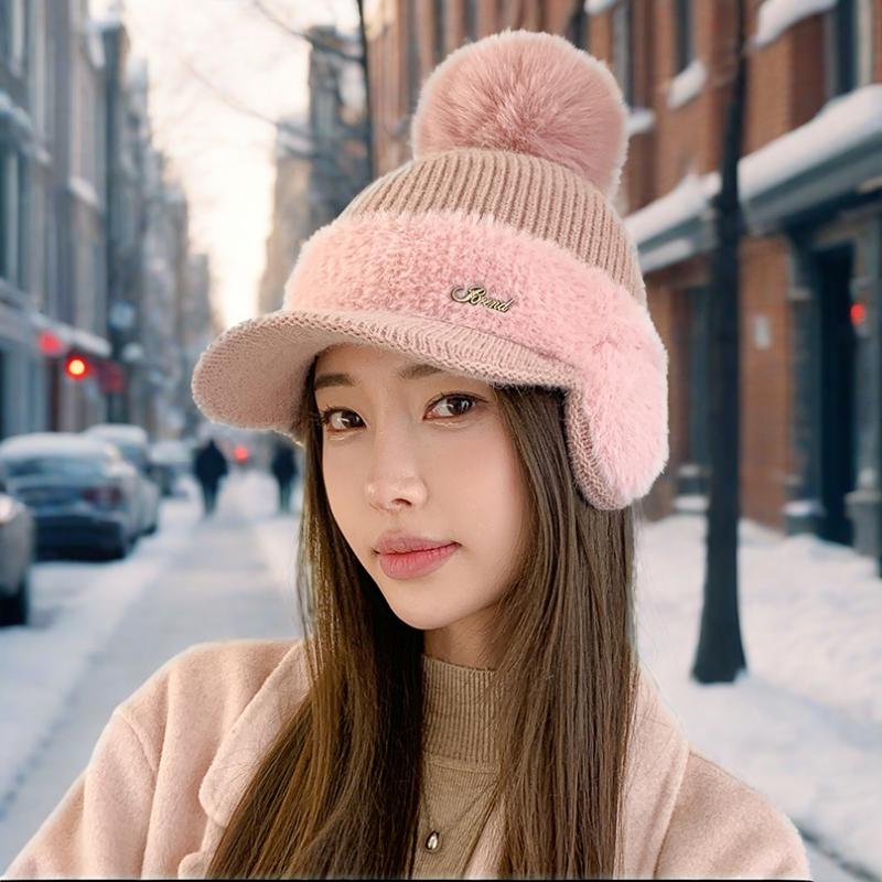 Stitching mink fleece ear protection rabbit fur baseball cap fashion solid color simple fur ball knitted hat