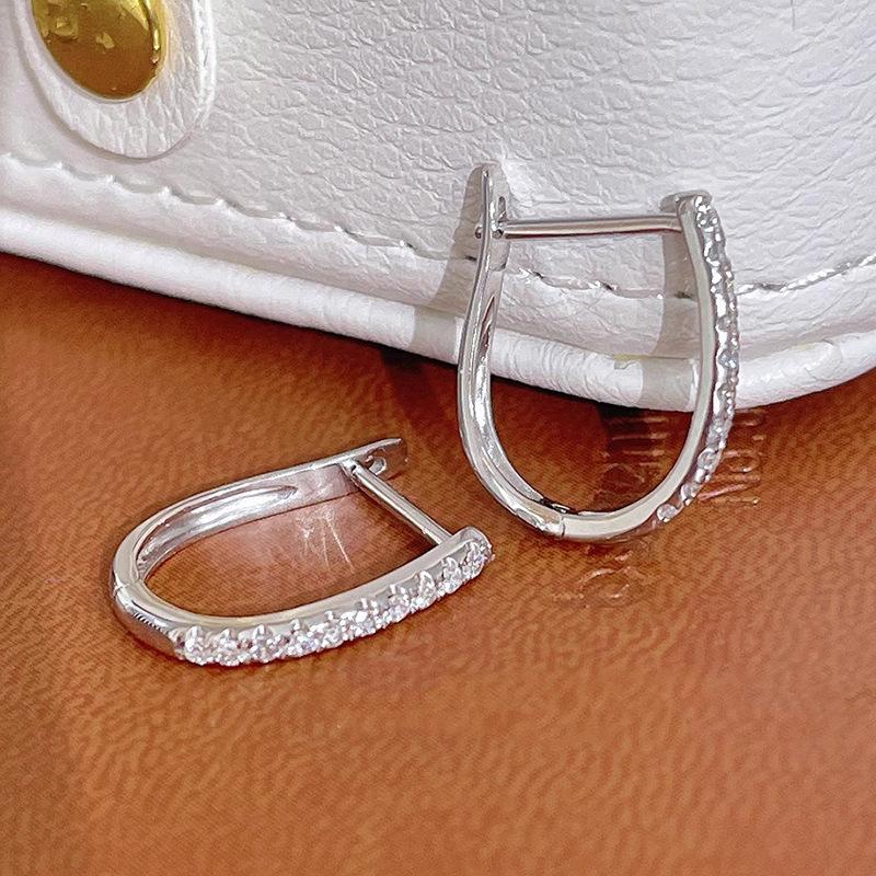 Half Inlaid Round Cubic Zirconia U Shaped Click Closure Hoop Earrings Polished Silver Minimalist Ladies Casual Accessories