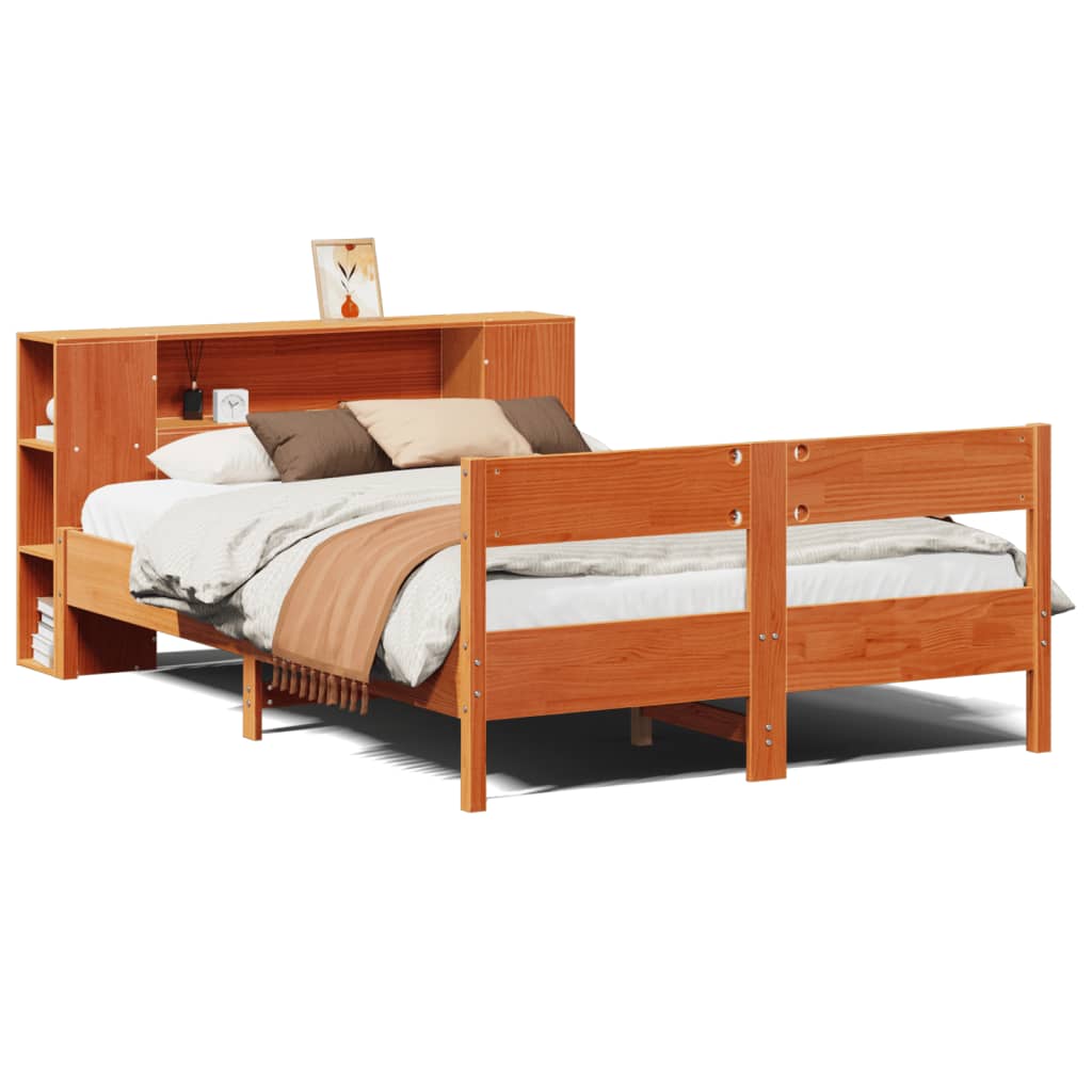 Solid Wood Bed with Shelf Without Mattress Wax Brown 140 x 190 cm