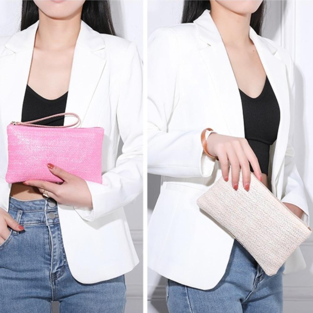 Wrist Bag Straw Clutch Bag Large Capacity Straw Phone Bag Simple Woven Coin Purse  Beach