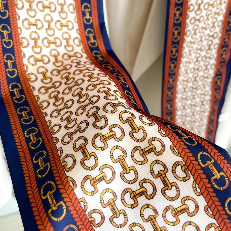 Fashion New Small Silk Scarf Women Tie Bag Headband Chain Printing Hairband Korean Style Neckerchief Ribbon Luxury Brand