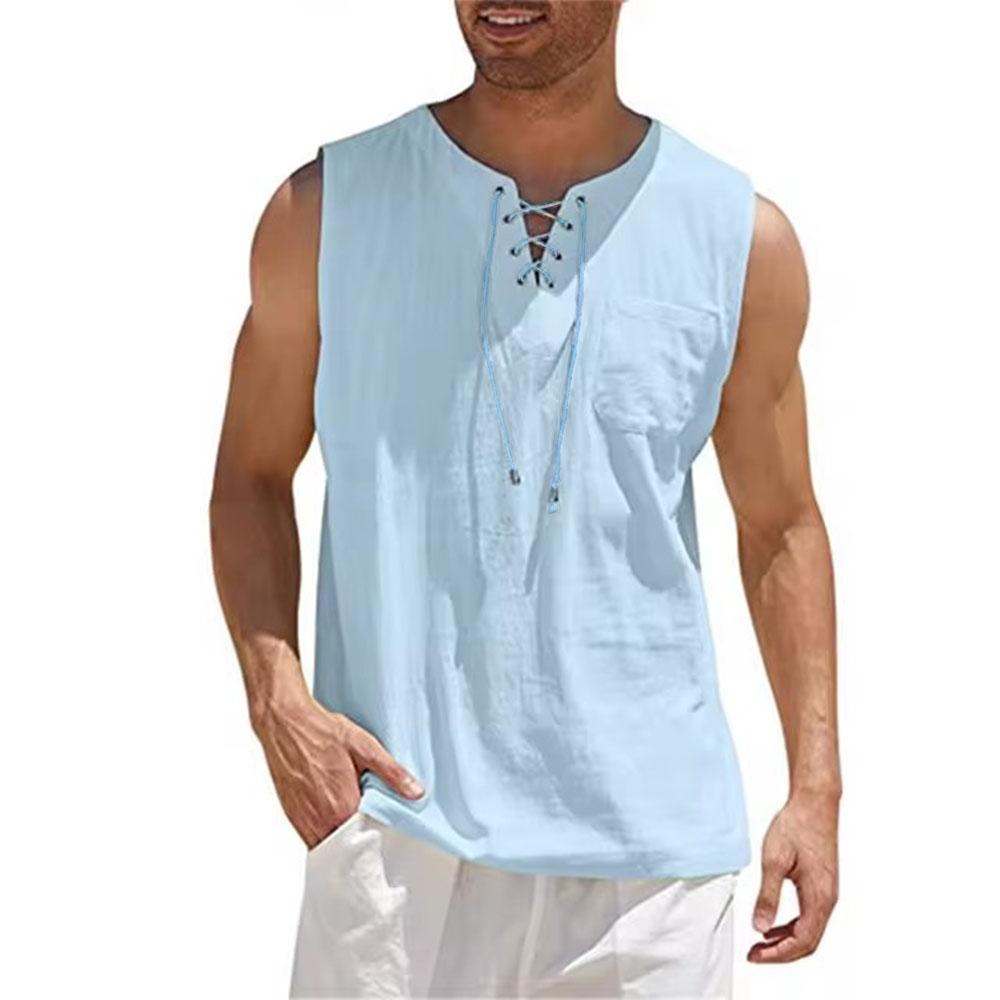 Cotton Linen Shirts Men's Casual Sleeveless Vest Lace Up Shirts Retro V Neck Tank Tops Loose Shirt Male Solid Color Clothes