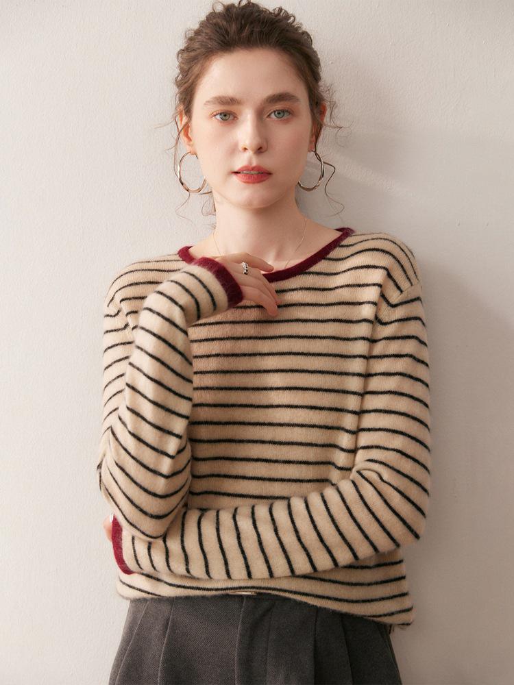 Cashmere Blend Women's Round Neck Color Block Stripe Knitwear: Loose, Elegant, Casual Autumn/Winter Pullover.