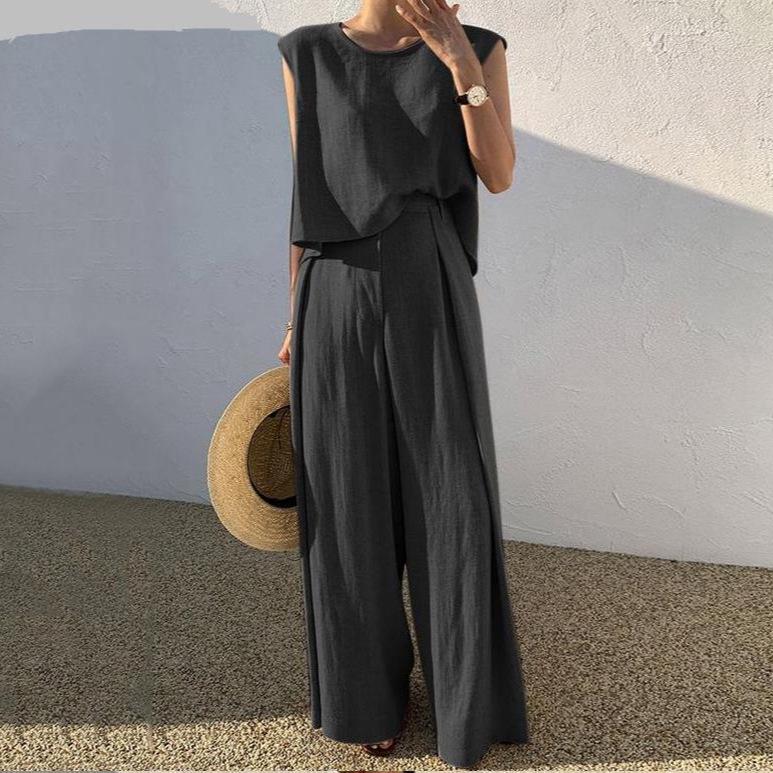 Spring/Summer 2023 Cotton Linen Casual Two-Piece Set: Sleeveless Top & Wide-Leg Pants for Women