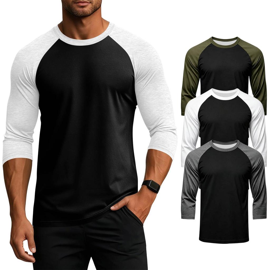 Men's Colorblock Raglan Sleeve Athletic Shirt Three Piece Set Lightweight Stretchy Sport Top for Training Running Casual Wear