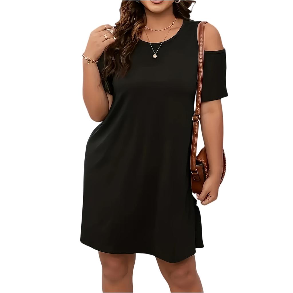 Casual, losvallende jurk met ronde hals, korte mouwen en blote schouders voor dames in grote maten