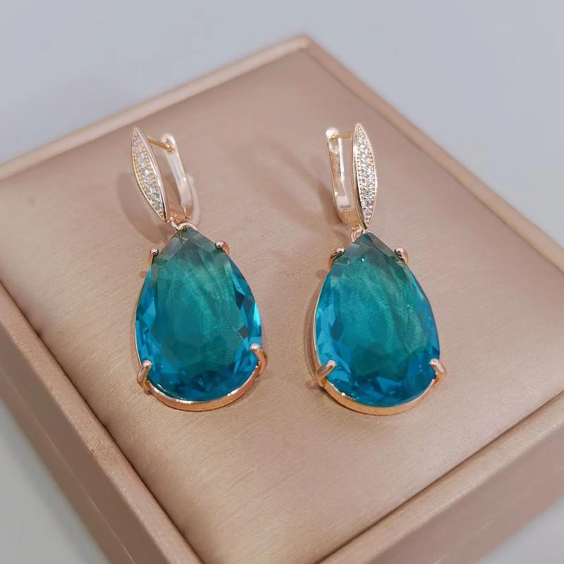 Blue Drop Shape Crystal Zircon Dangle Earrings for Women 2023 New Gold Color Earring Fashion Luxury Party Jewelry Accessories