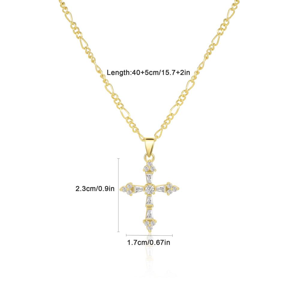 18K Gold Figaro Necklace with Zircon Cross - Non-Fading Stainless Steel Chain for Women