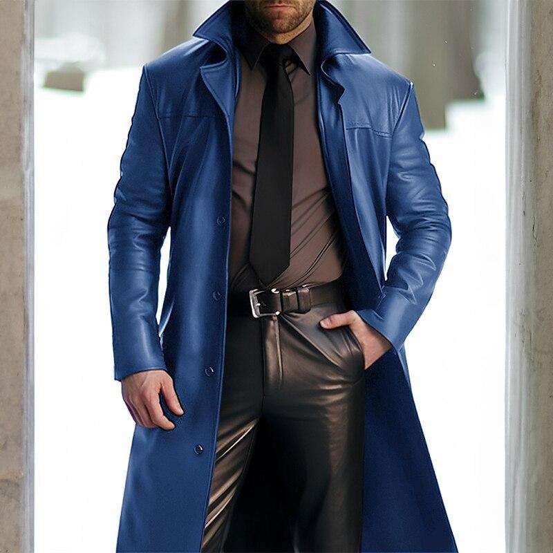 New men's collared solid color trench coat, slim-fit leather long PU leather jacket, men's cosplay outfit