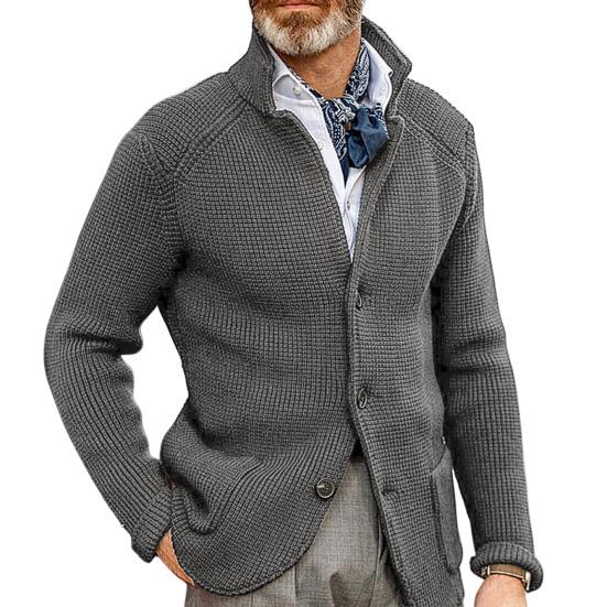 Stand Collar Long Sleeve Pockets Thickened Sweater Coat Men Autumn Winter Solid Color Buttons Placket Knitted Outerwear