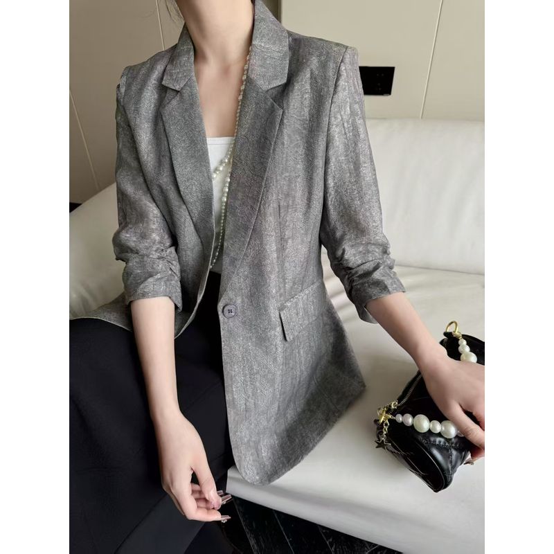 

Enter Foreign Trade Order Seconds! Anti-Wrinkle Ramie Cotton Elite Women Quality Pleated Sleeves Spring and Summer Ninth Sleeve Blazers Breathable Gray thousand yuan quality 4XL