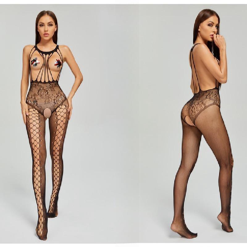 Lace Bodysuit Women See Through Stockings Sexy Lingerie Suit Transparent Mesh Clothing Thigh High Fishnet Pajamas Open Crotch