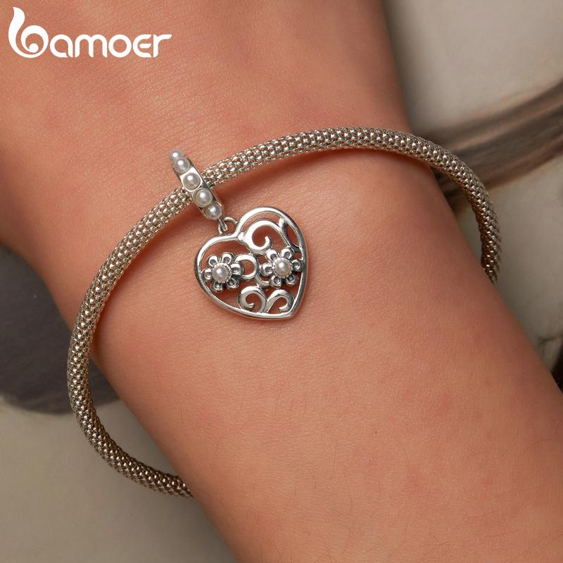 BAMOER Vintage 925 Sterling Silver Heart & Flower Pendant Fit for DIY Bracelet & Bangle Delicate Shell Charms Fine Jewelry