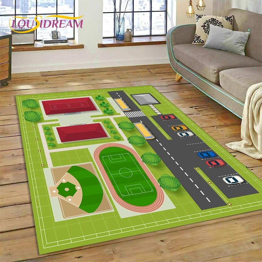 3D Highway Runway Playroom City Traffic Road Map Child PlayMat Rug Carpet for Living Room Bedroom Home Decor,Non-slip for Sofa