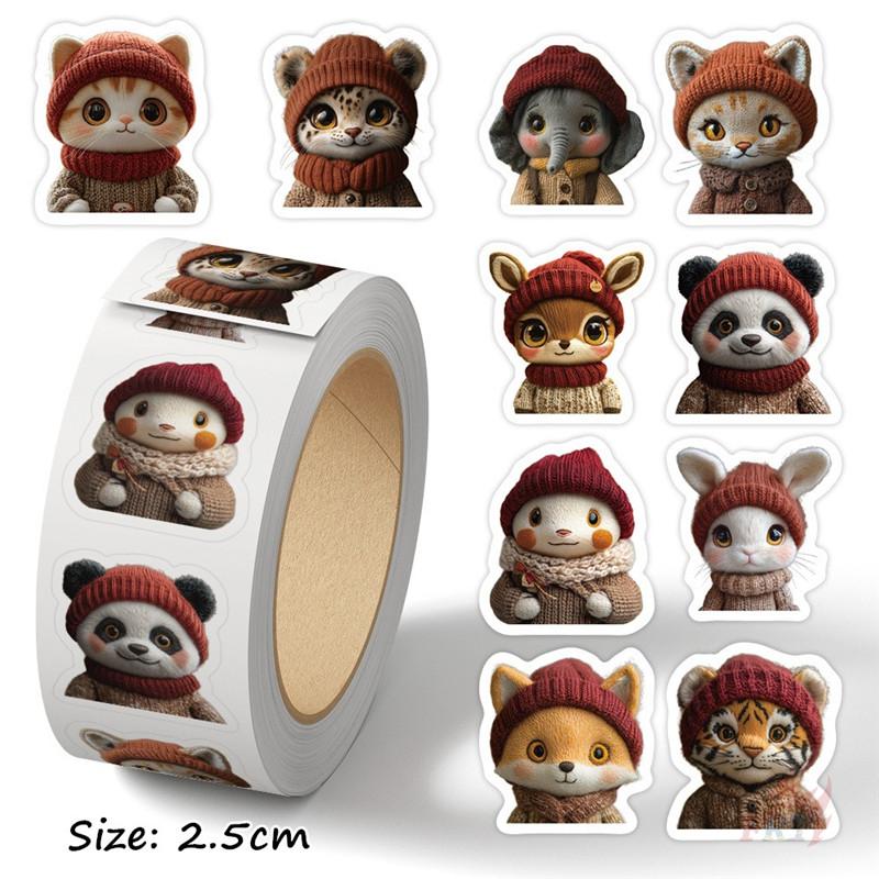 500Pcs/Roll Q Animals Wearing Knitted Hat Kids Rewards Stickers - DIY Scrapbooks Album Decor Sealing Label Decals