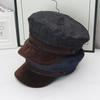 Retro denim splicing navy hat women's autumn and winter suede brim newsboy hat British versatile octagonal flat top hat shows small face
