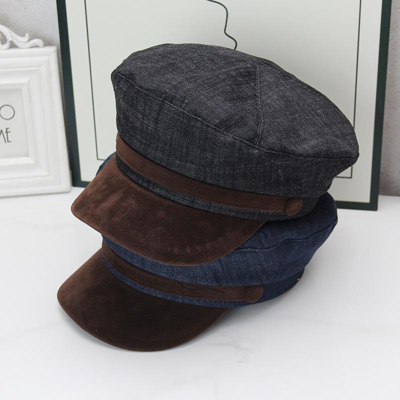 Retro denim splicing navy hat women's autumn and winter suede brim newsboy hat British versatile octagonal flat top hat shows small face