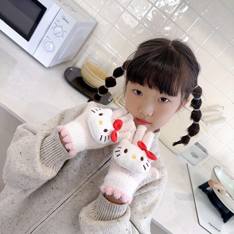 

Зимние детские перчатки с цветными блоками, мультяшные милые перчатки с Китти Кэт Sanrio, теплые перчатки, плюшевые перчатки с пальцами One size
