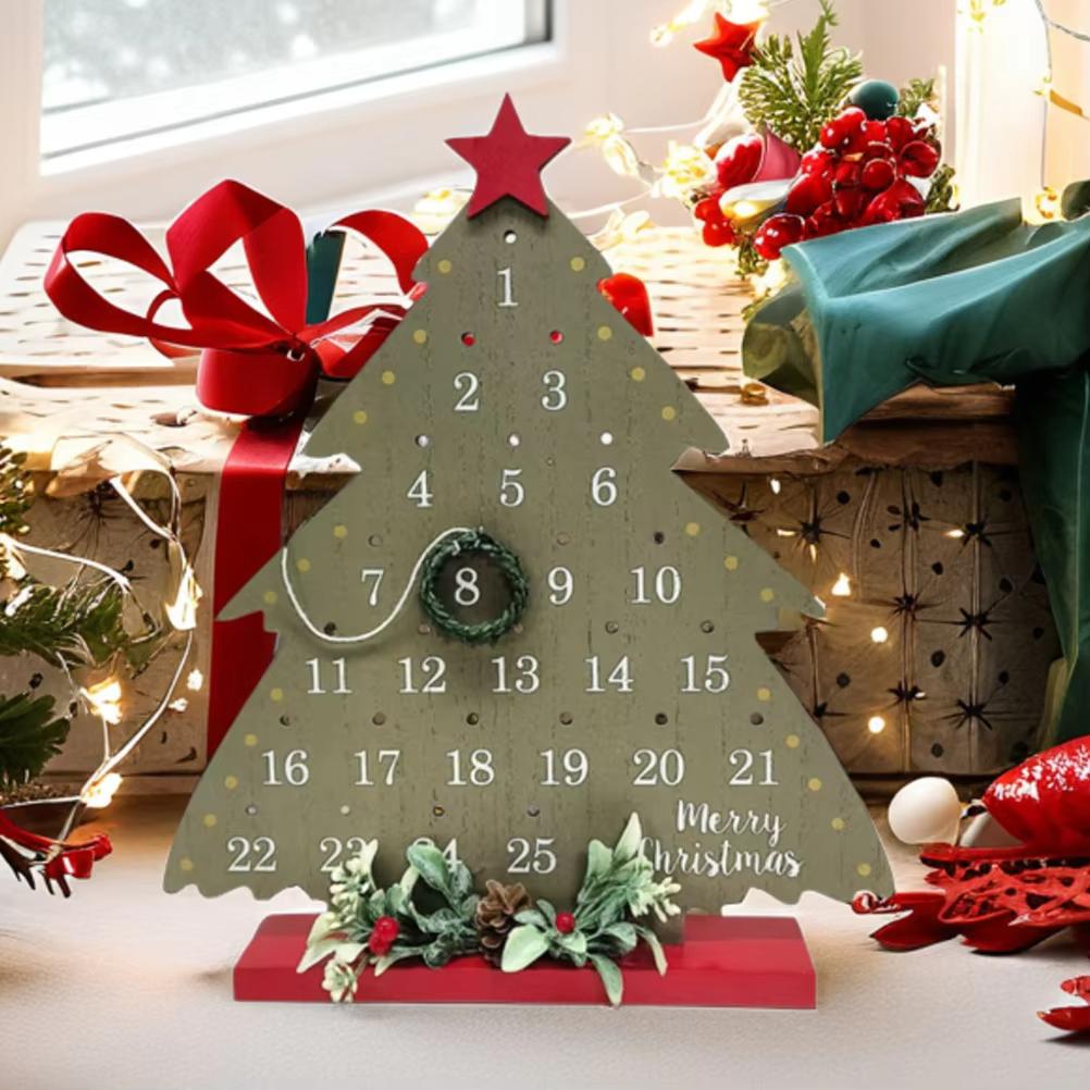 Christmas Countdown Rustic Wooden Advent Calendar Tabletop Vine Wreath Xmas Tree Holiday Decor Christmas Advent Calendar