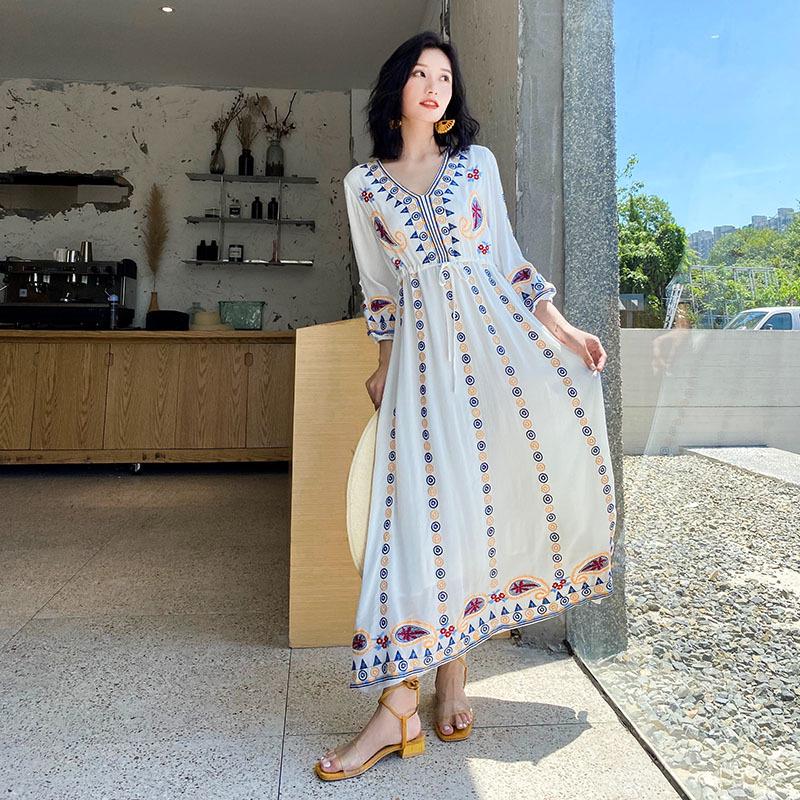 

Ethnic Embroidered V-Neck Cotton Linen Dress, Fairy Style with Tie-Up and Swing, Perfect for Travel and Photos - Style 636 Extra Large белый