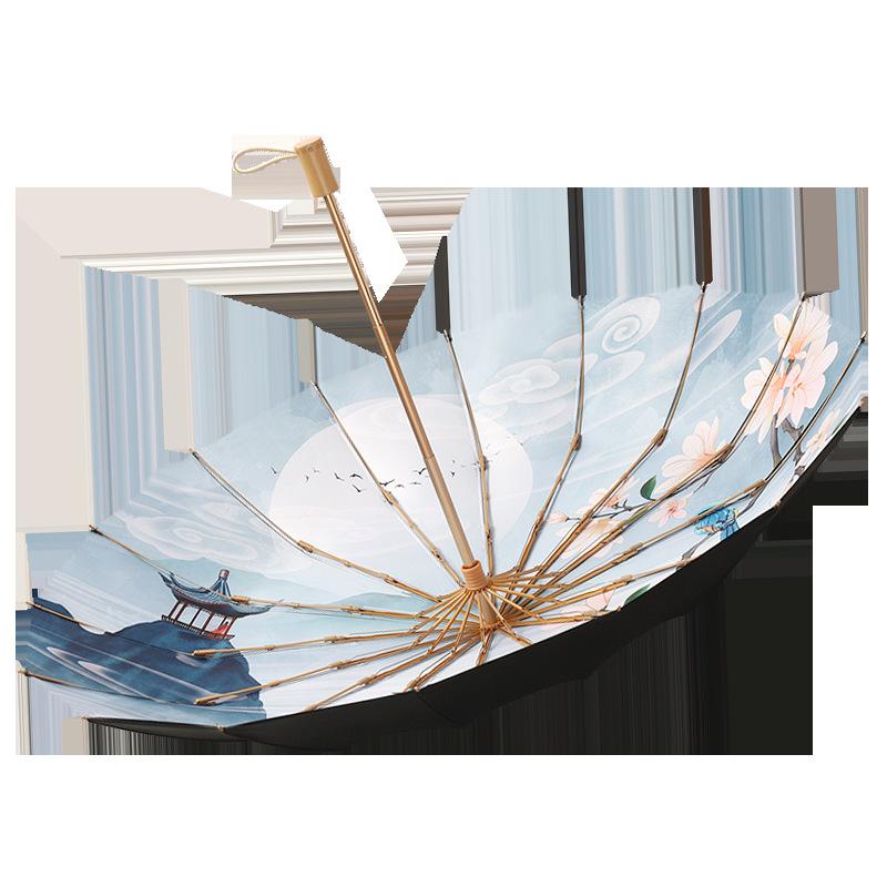 Three-fold 16-bone Hand Open Umbrella Retro Trend Solid Wood Handle Parasol Vinyl Sunscreen Sun Umbrella Can Be