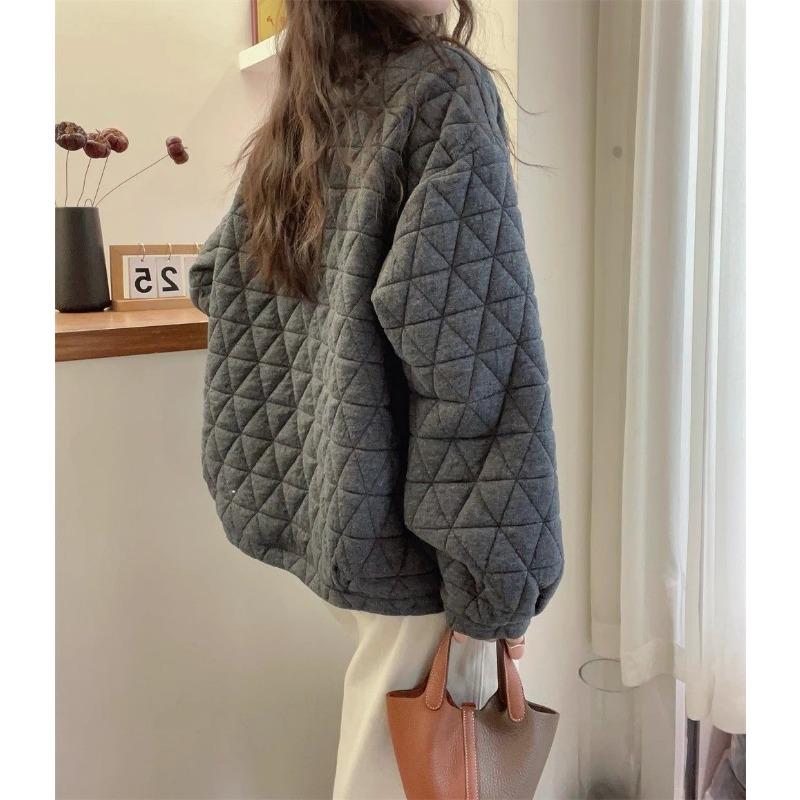 Diamond Quilted Sweatshirt for Women Autumn and Winter 2025 Loose Lazy Style Top Thickened Warm Top