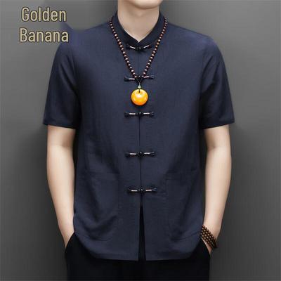 Golden Chrysanthemum Men's Linen Blend Short-Sleeve Tang Suit