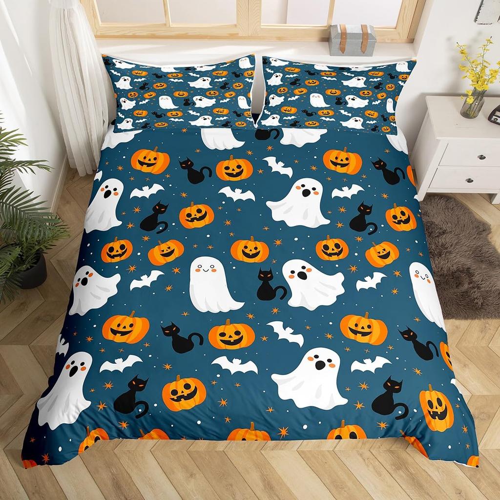 Cartoon Ghost Duvet Cover Twin Queen Happy Halloween Bedding Set Orange Pumpkin Flowers Rustic Comforter Cover with 2 Pillowcase