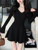 Women's Khaki V-neck Knit Dress - Long Sleeve, Slimming Waist, Bodycon A-line Short Skirt for Autumn/Winter