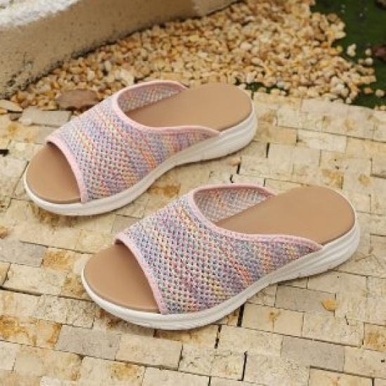 Women's Colorful Knit Flat Slide Sandals Breathable Mesh Casual Summer Slippers