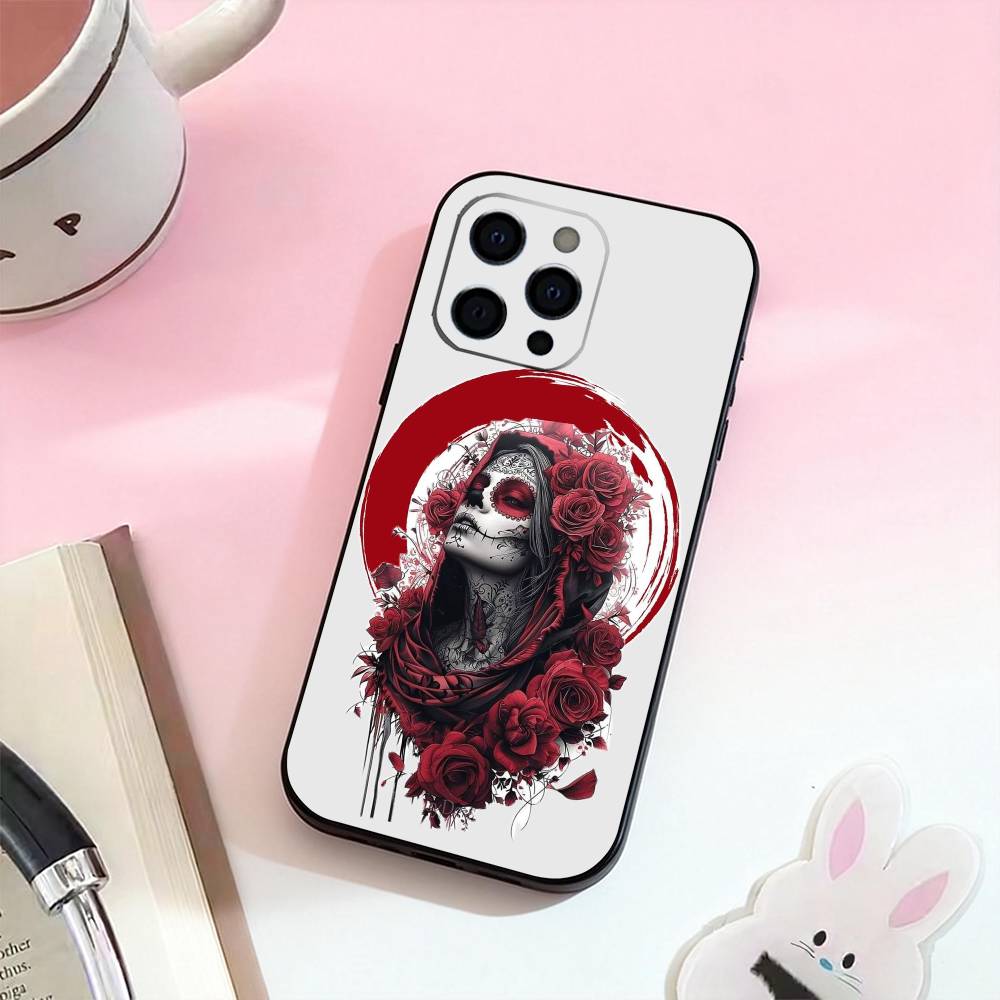 Mexican Catrina Skull  Phone Case For iPhone 17,16,15,14,13,12,11 Plus,Pro Max,Soft Silicone Black Cover