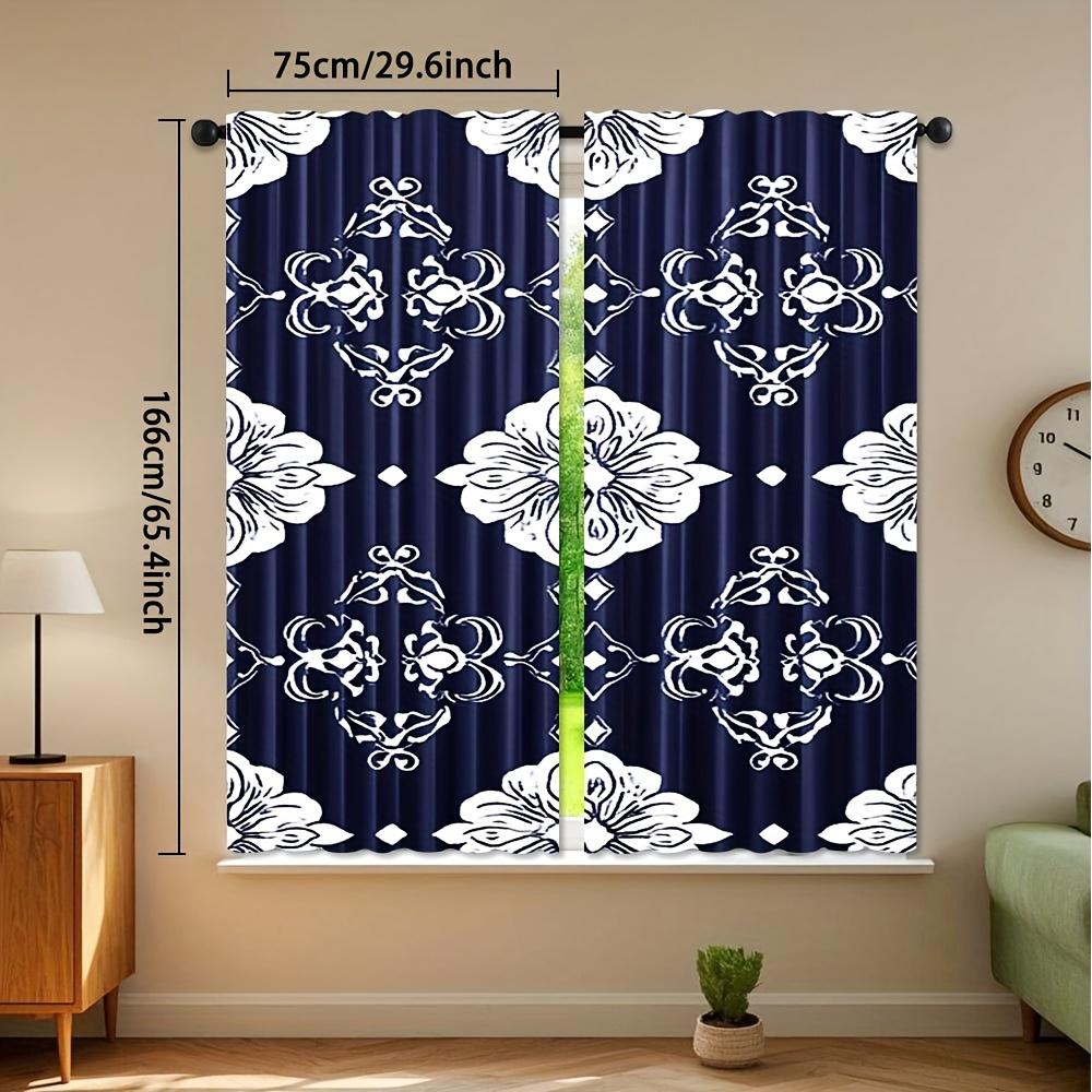 2pcs Navy Blue Floral Print Curtains - Light Filtering Polyester Rod Pocket Drapes for Bedroom   Living Room & Office Decor   All-