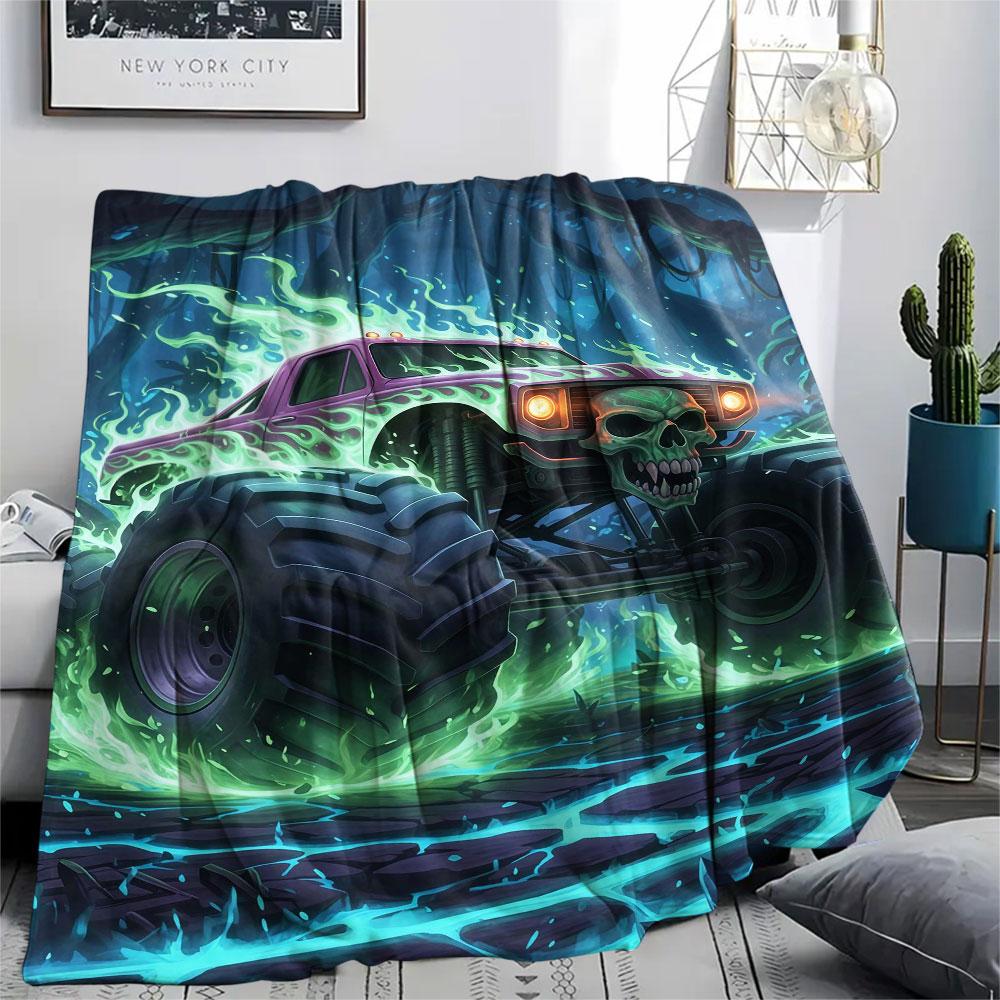 1Pc BadBeastTruck Print Flannel Blanket, High Quality Comfortable for All Seasons, Home Decor, Warmth and Comfort, Perfect for Christmas Gifts