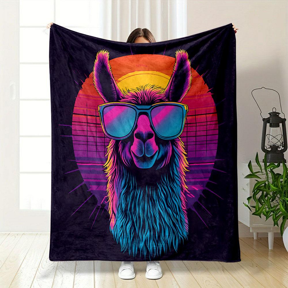 "Retro Cool Llama with Sunglasses" Patterned Blanket, Flannel, Suitable for All Seasons, Home Decor, Warm and Cozy
