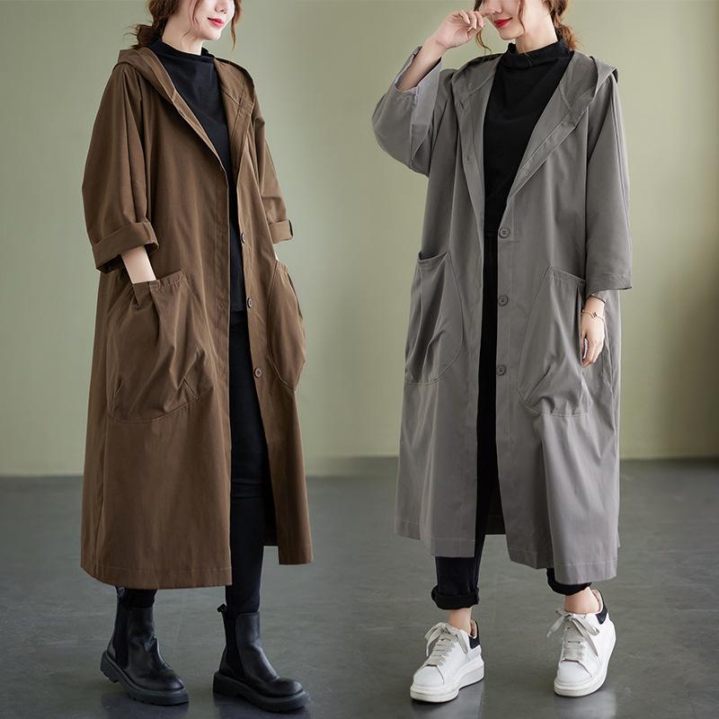 

2338 Women s Plus Size Artistic Casual Trench Coat - 2026 Spring New Arrival, Mid-Length, Long-Sleeved Outerwear Extra Large кофейный