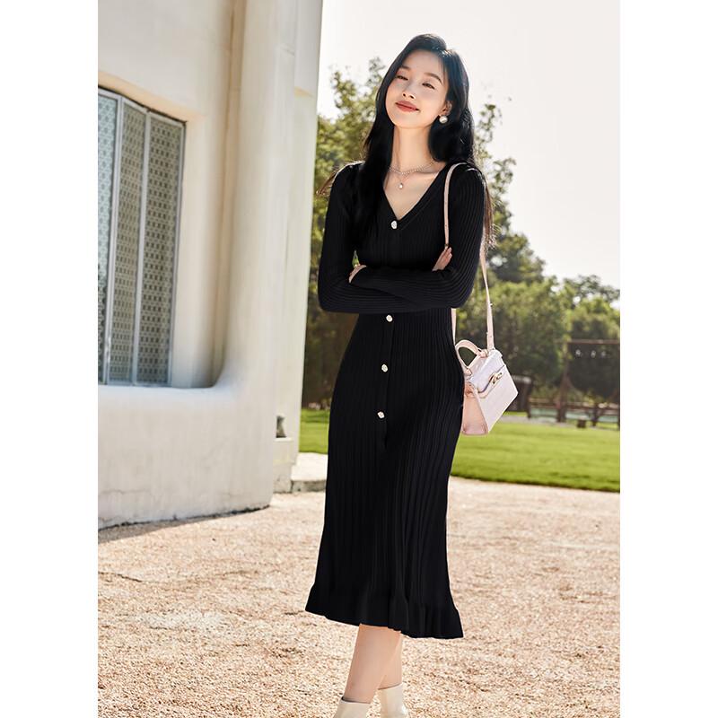 VICTORIA&VERA Women's Winter Ribbed V-Neck Knit Midi Dress