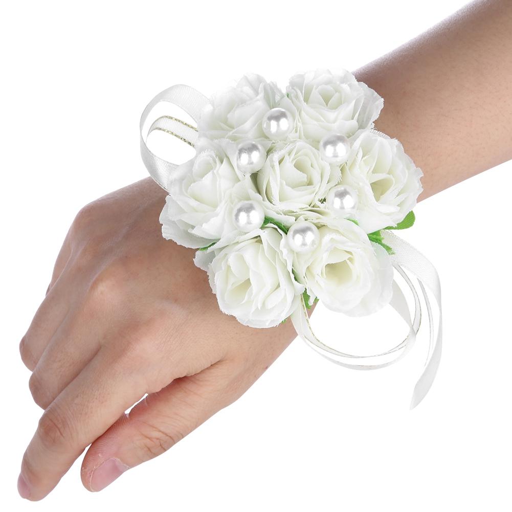 

2 шт. Красивый цветок для руки невесты на запястье корсаж свадебные украшения жемчужный атлас (белый )