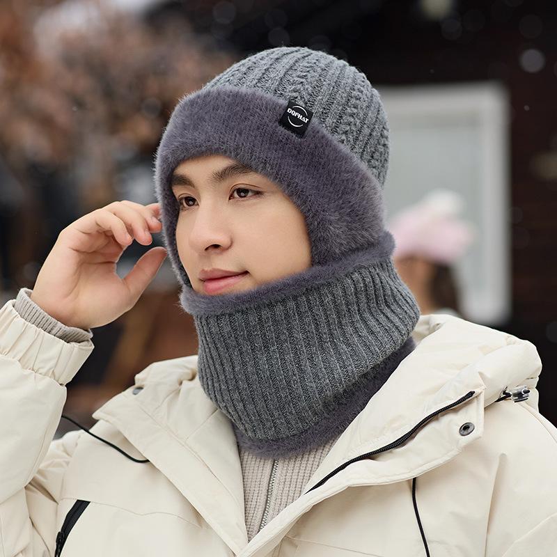 Men's Winter Black Velvet Pullover Hat & Scarf Set for Cycling - Windproof and Warm