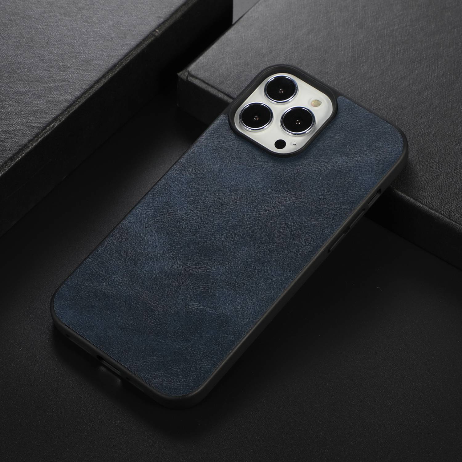 

For iPhone 12 Pro Max 6.7 inch Anti-scratch Phone Cover Textured PU Leather Coating Case Drop-proof Protective Phone Shell Blue