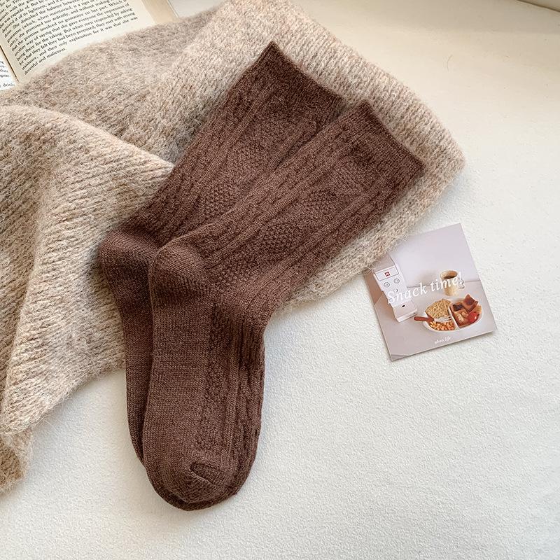Women's Mid-Tube Cashmere Wool Socks - Thick, Warm, Solid Color for Autumn & Winter
