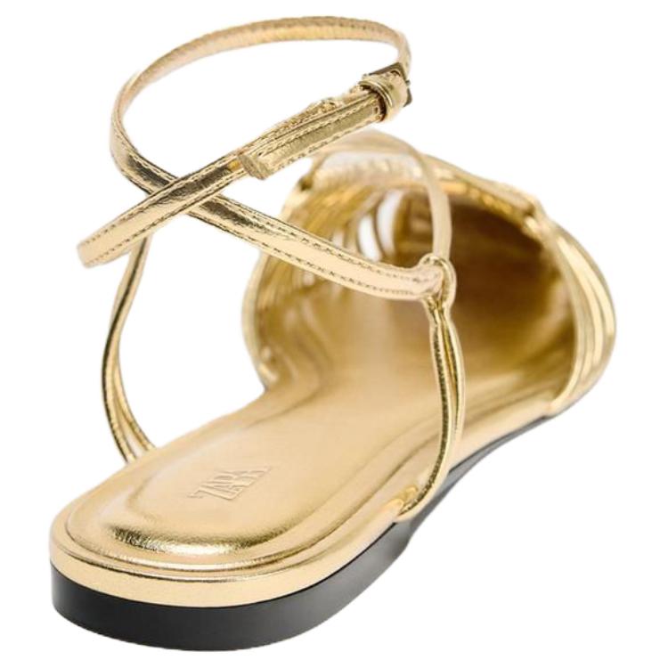 Zara Pu Vintage Open-Back Metallic Layer Effect Strap Casual Flats 1Cm Women Flats Gold 3550510253