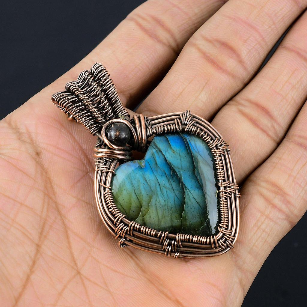 Labradorite Pendant, Handmade Gemstone 999 Copper Wire Wrapped Pendant Antique Jewelry, For Gift Silver Jewelry