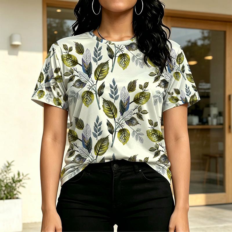 Women's Short Sleeve Streetwear T-Shirt,Leaf Series,Soft Comfort Fabric,Fresh Simple Design,Versatile for Daily & Campus Wear
