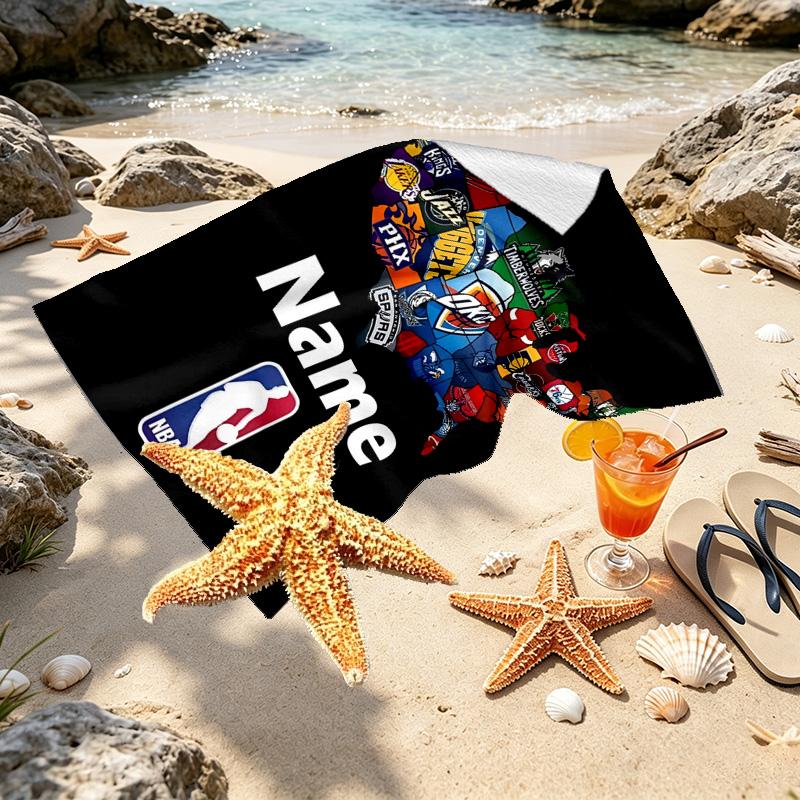 Custom Name Personalized NBA Print Beach Towel, for Trip Camping Beach Party Home Decor, Birthday Gift for Family & Friends