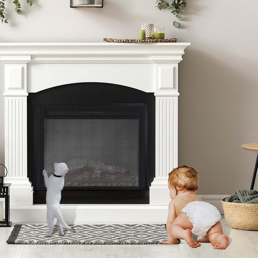Fireplace Screen Mesh Cover PVC Fireplace Cover Pet Proof With Hooks And Loops Fireplace Safety Cover For Kids 100Cm