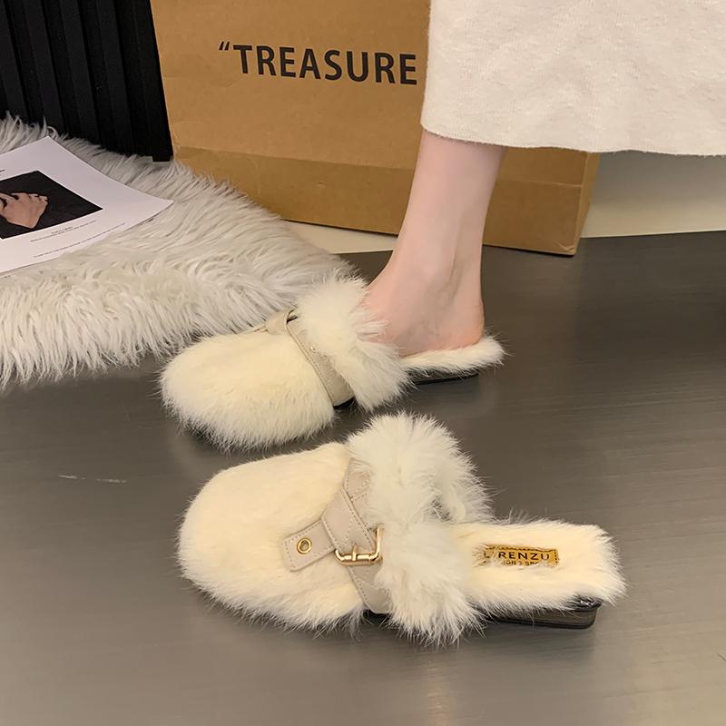 Winter New Baotou Slippers Women's Round Head Plush Deep Mouth Rivet Soft Sole Anti-slip Wear-resistant Flat Shoes