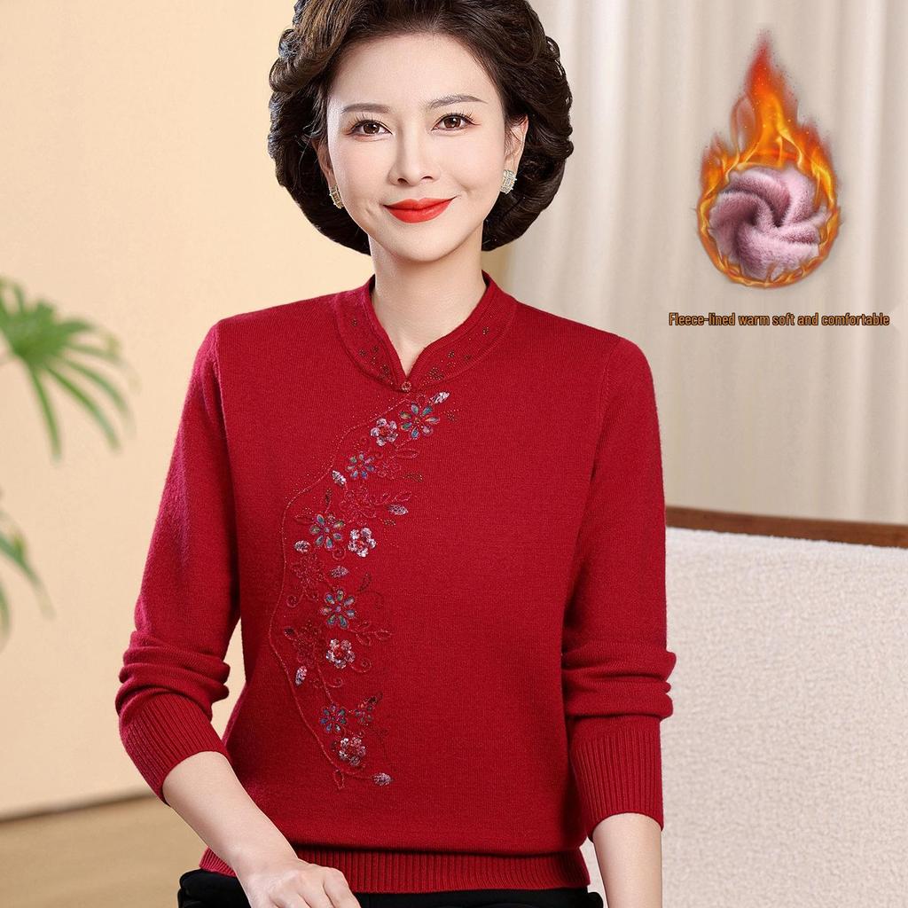 New Chinese Style Warm Fleece-Lined Qipao Collar Sweater for Middle-Aged & Elderly Women